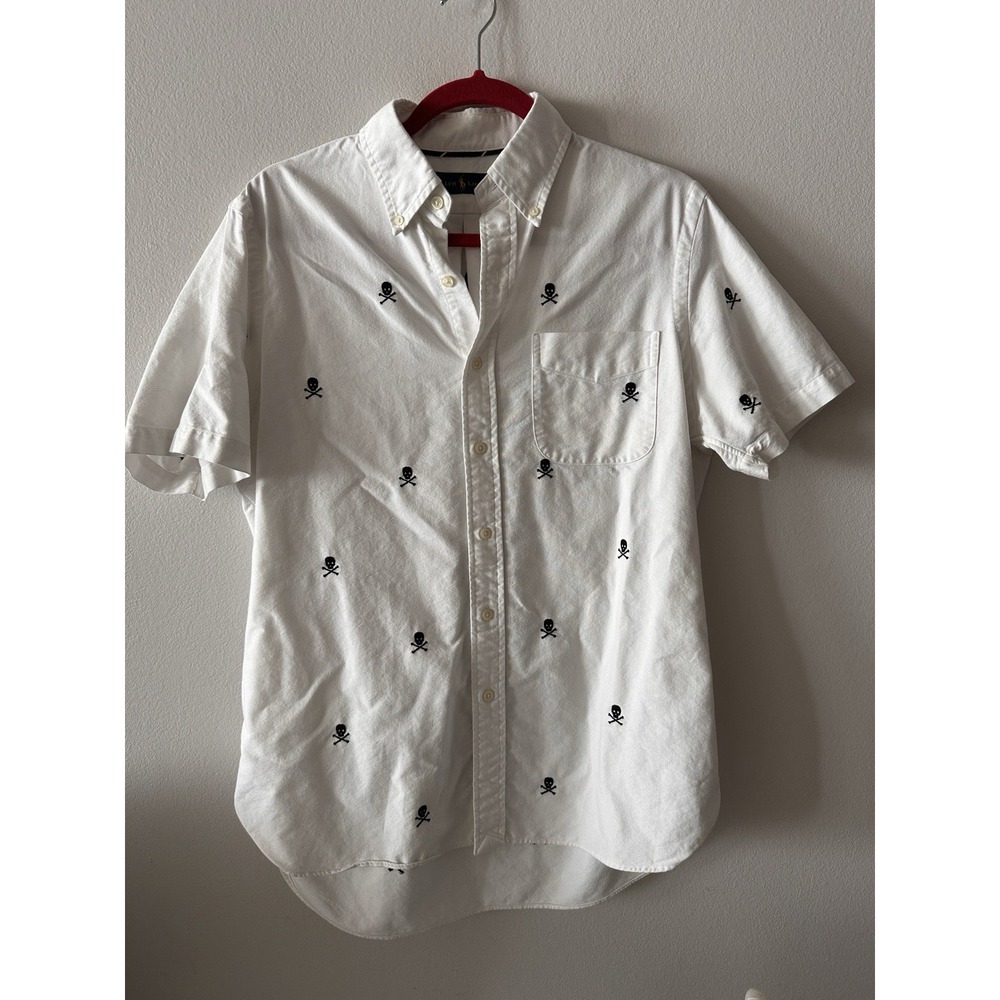 Ralph Lauren Shirt Mens Medium White Skull Crossbones Slim Fit Button Down Logo
